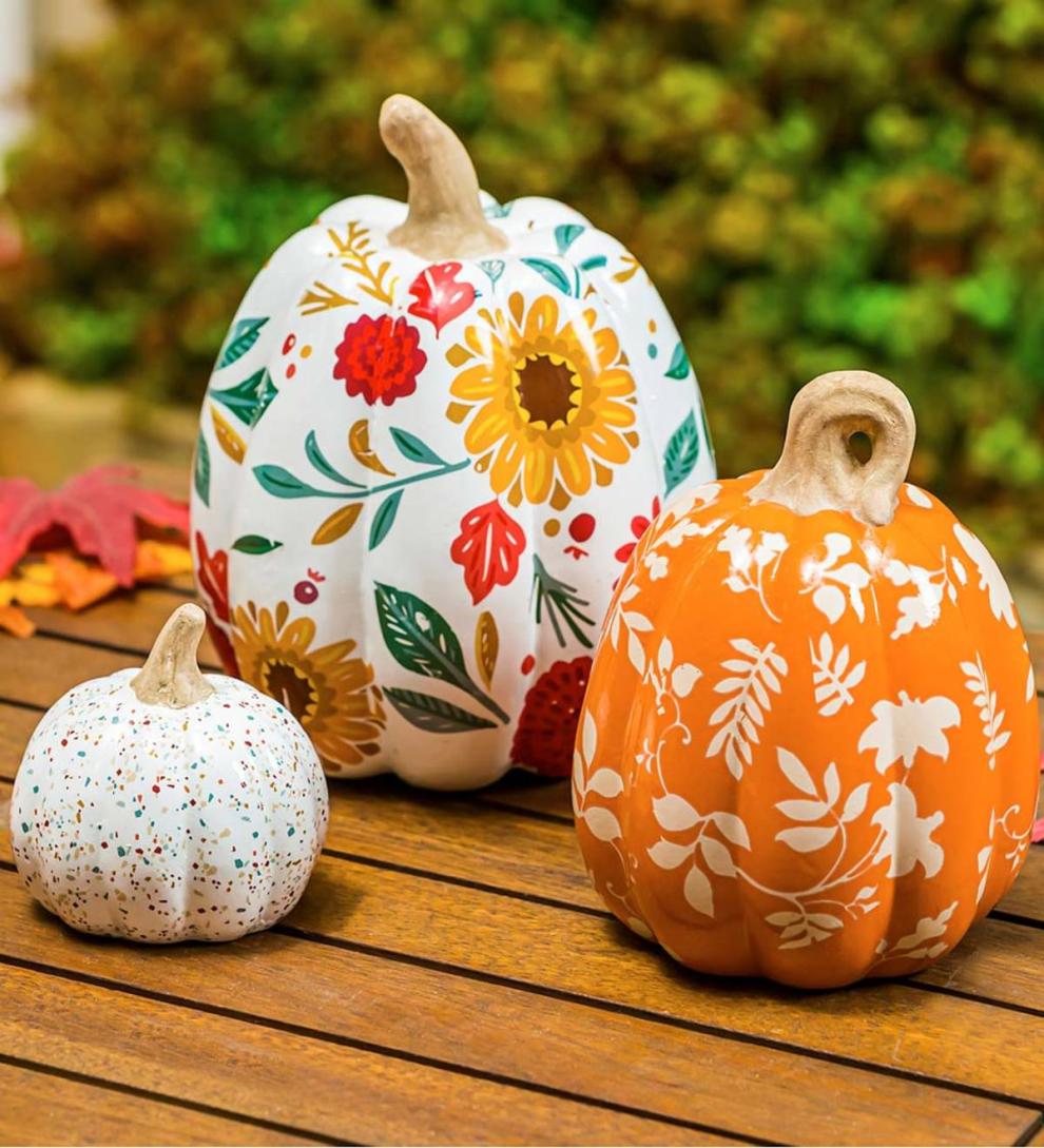 Plow & Hearth Fireplace & Mantel Décor Fireplace & Hearth Autumn Blooms Ceramic Pumpkins, Set Of 3