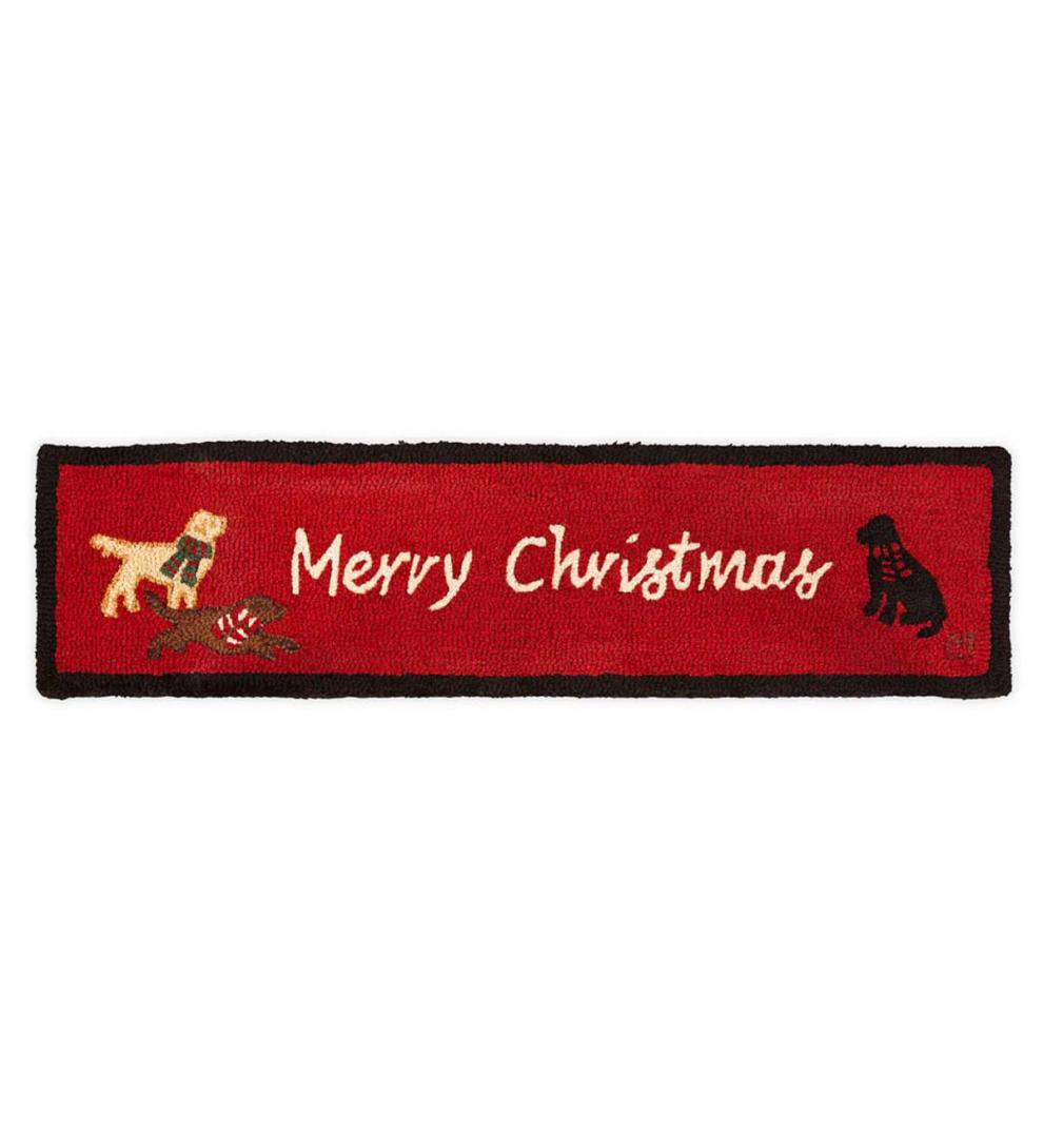 Plow & Hearth Fireplace & Mantel Décor Fireplace & Hearth Hooked Wool Merry Christmas Labs Hearth Runner - Red