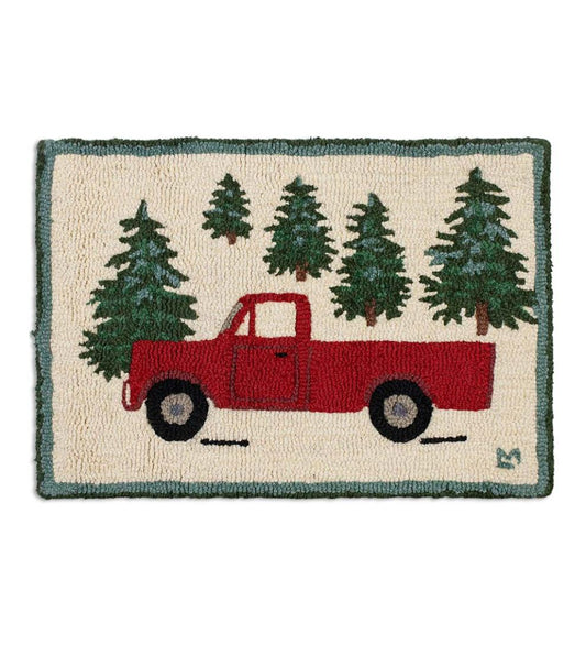 Plow & Hearth Fireplace & Mantel Décor Fireplace & Hearth Hooked Wool Red Pickup Truck In Evergreen Forest Accent Rug - Red Truck