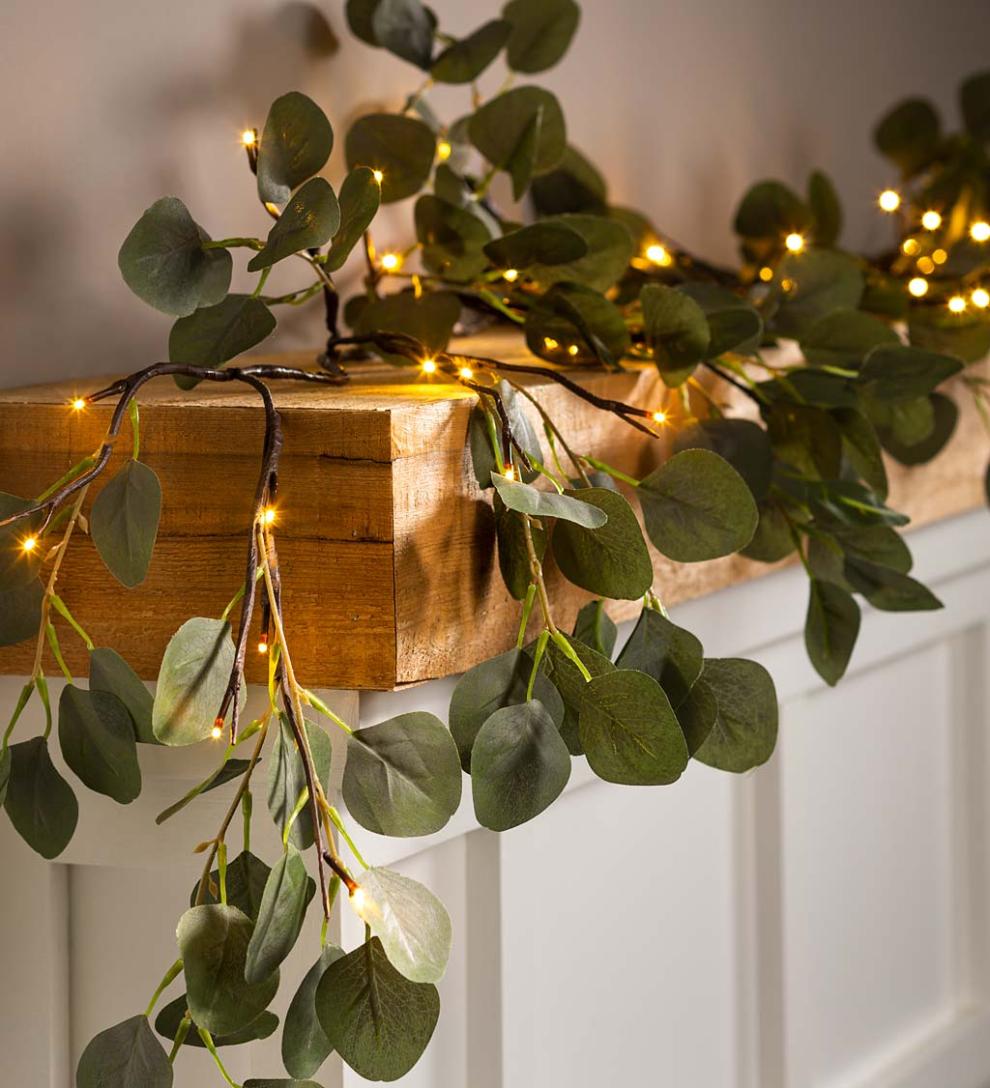 Plow & Hearth Fireplace & Mantel Décor Fireplace & Hearth Indoor/Outdoor Battery-Operated Lighted Eucalyptus Garland