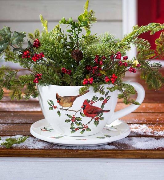 Plow & Hearth Fireplace & Mantel Décor Fireplace & Hearth Indoor/Outdoor Cardinal Teacup Planter With Saucer