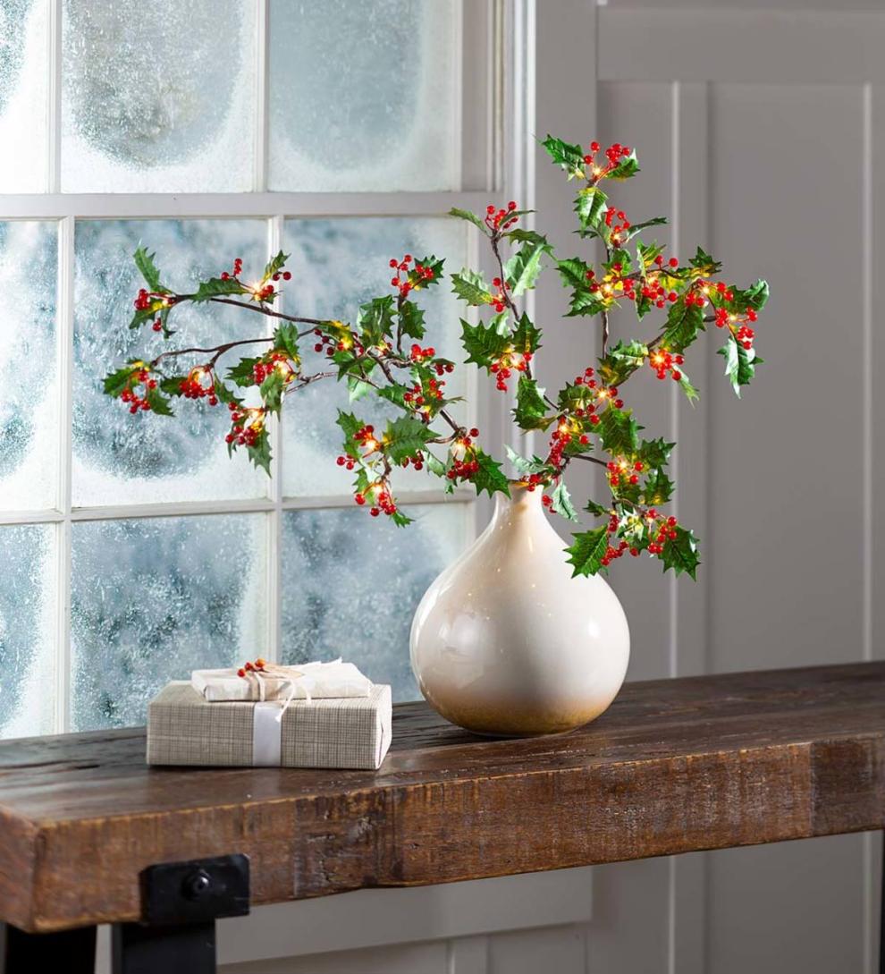 Plow & Hearth Fireplace & Mantel Décor Fireplace & Hearth Indoor/Outdoor Holly And Berry Lighted Branches, Set Of 2