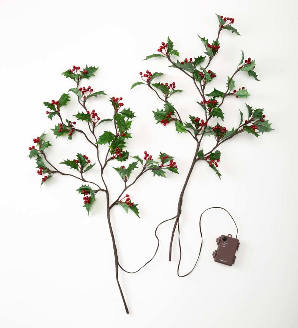 Plow & Hearth Fireplace & Mantel Décor Fireplace & Hearth Indoor/Outdoor Holly And Berry Lighted Branches, Set Of 2