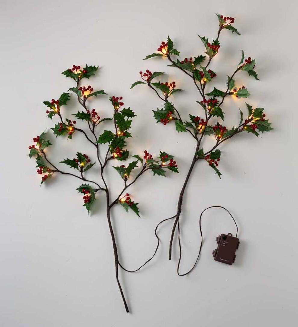Plow & Hearth Fireplace & Mantel Décor Fireplace & Hearth Indoor/Outdoor Holly And Berry Lighted Branches, Set Of 2