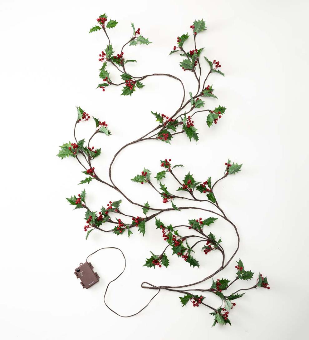 Plow & Hearth Fireplace & Mantel Décor Fireplace & Hearth Indoor/Outdoor Holly And Berry Lighted Holiday Garland