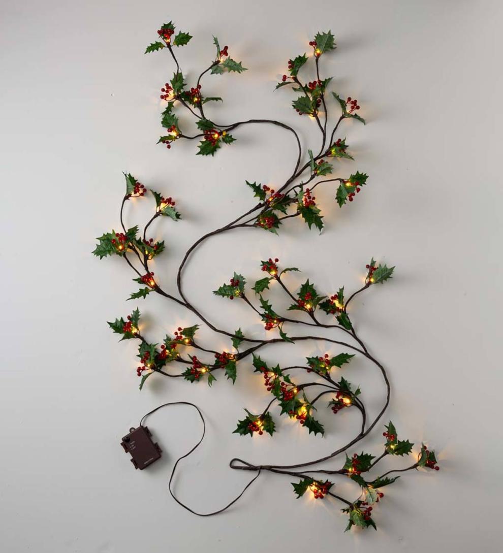 Plow & Hearth Fireplace & Mantel Décor Fireplace & Hearth Indoor/Outdoor Holly And Berry Lighted Holiday Garland