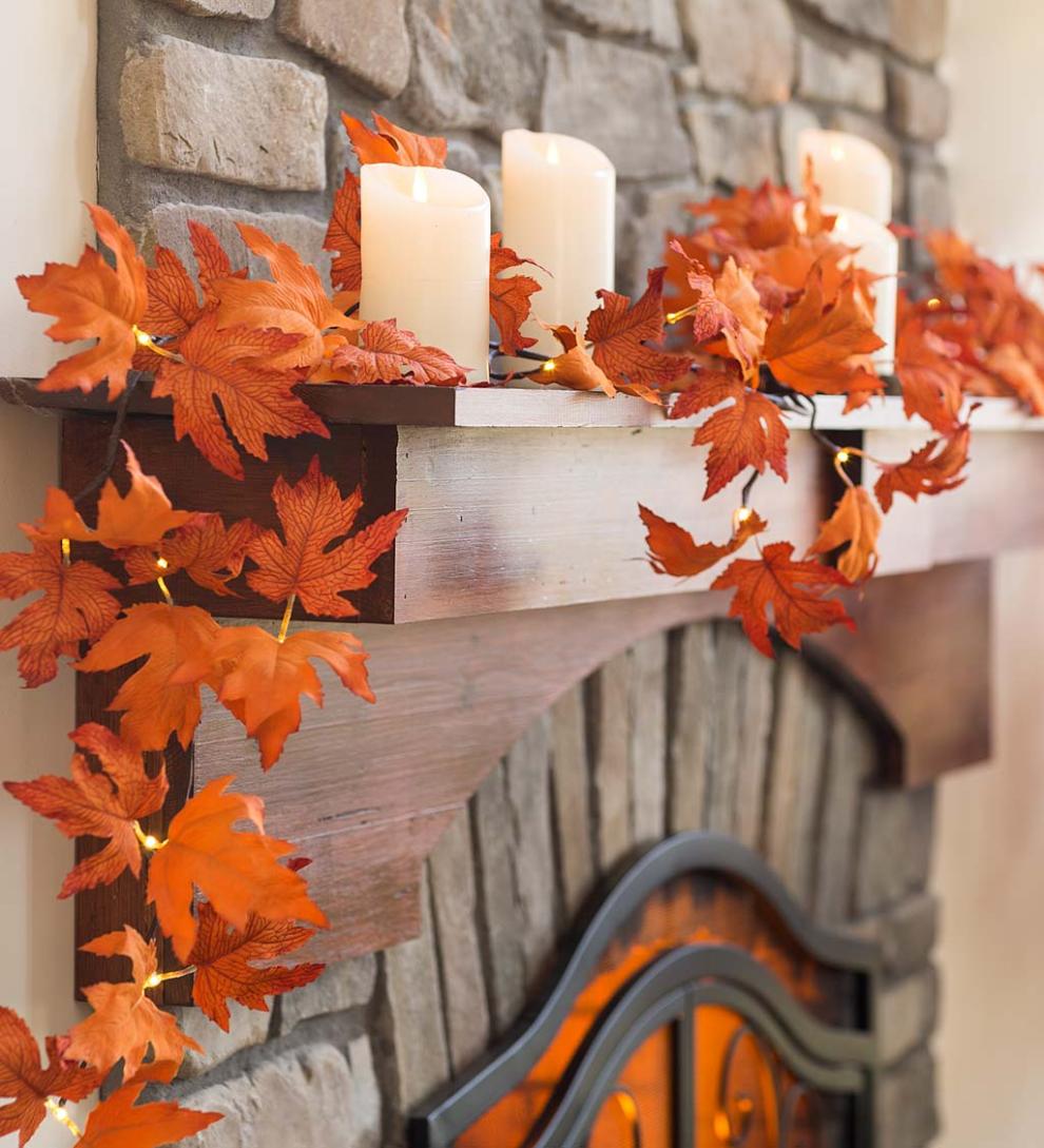 Plow & Hearth Fireplace & Mantel Décor Fireplace & Hearth Indoor/Outdoor Lighted Maple Leaf Garland With 24 Lights