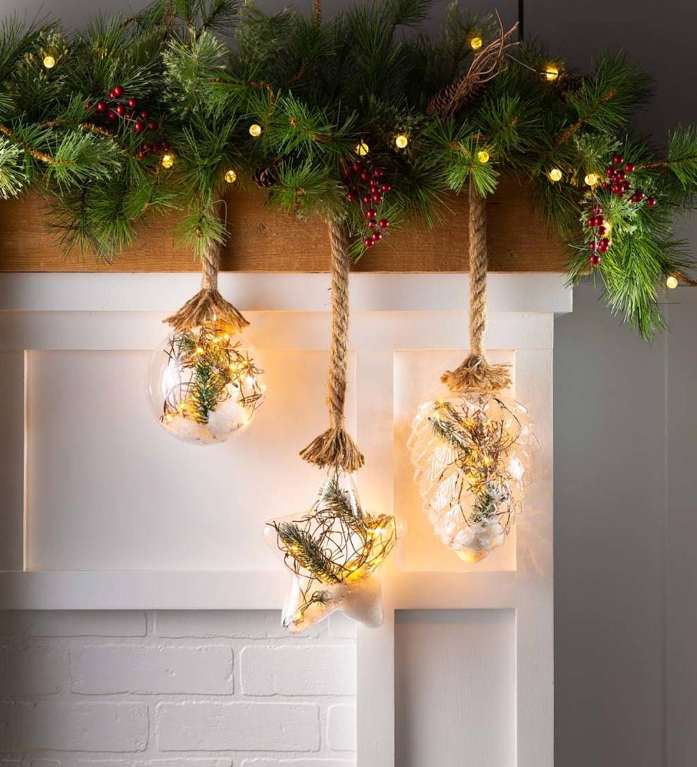Plow & Hearth Fireplace & Mantel Décor Fireplace & Hearth Indoor/Outdoor Oversized Lighted Glass Ornament With Greenery - Ball