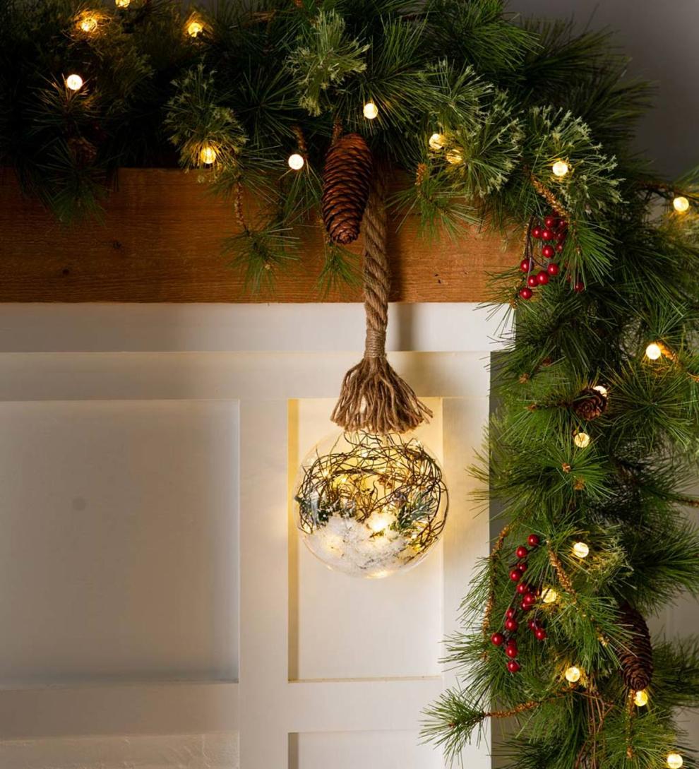 Plow & Hearth Fireplace & Mantel Décor Fireplace & Hearth Indoor/Outdoor Oversized Lighted Glass Ornament With Greenery - Ball
