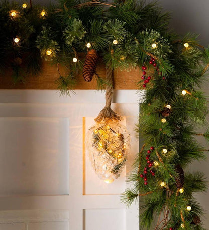 Plow & Hearth Fireplace & Mantel Décor Fireplace & Hearth Indoor/Outdoor Oversized Lighted Glass Ornament With Greenery - Ball