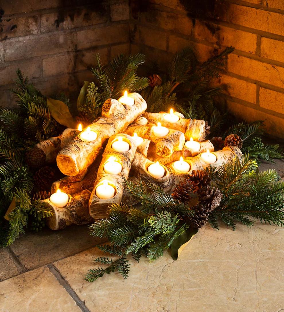 Plow & Hearth Fireplace & Mantel Décor Fireplace & Hearth Large Log Fireplace Candle Holder - Oak