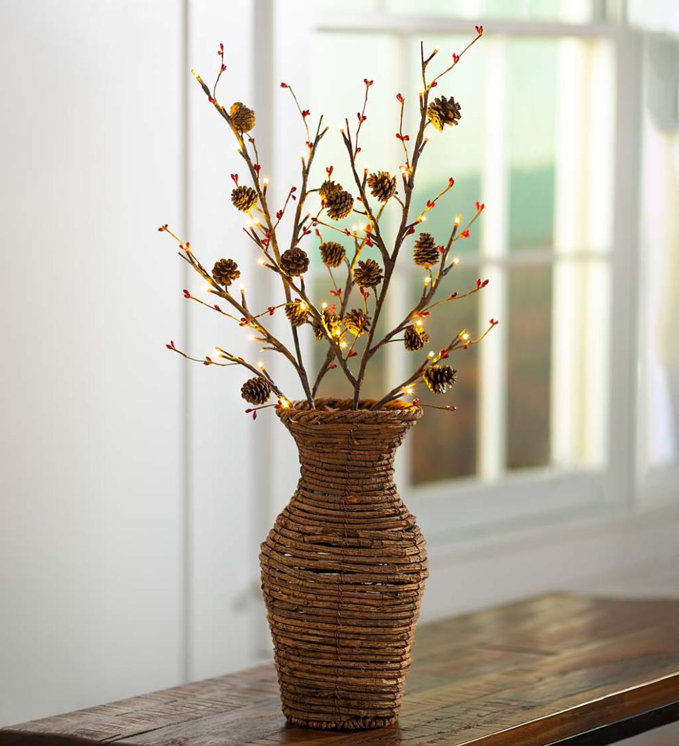 Plow & Hearth Fireplace & Mantel Décor Fireplace & Hearth Lighted Branches With Natural Pine Cones And Faux Red Berries