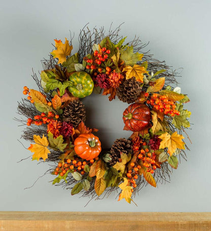Plow & Hearth Fireplace & Mantel Décor Fireplace & Hearth Pumpkins And Pine Cones Fall Wreath