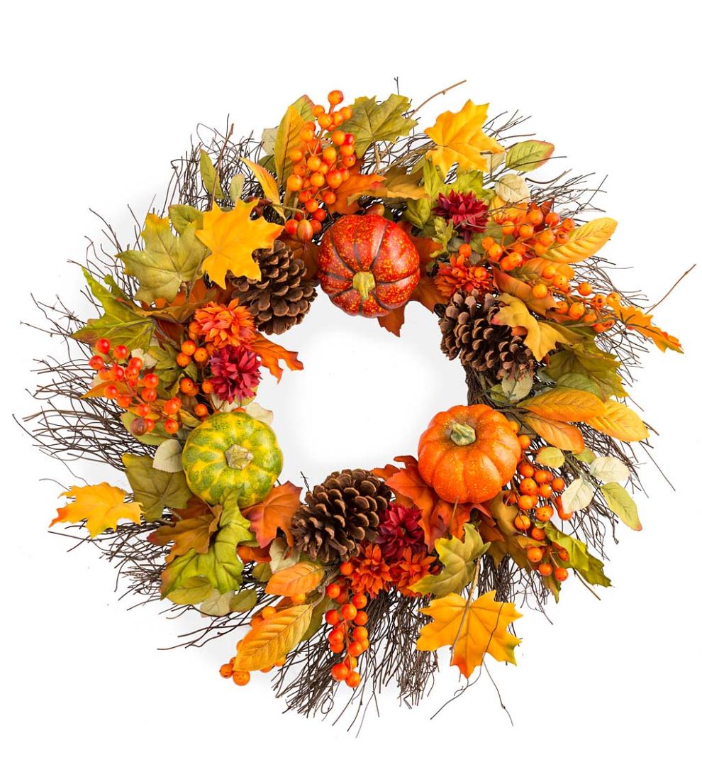 Plow & Hearth Fireplace & Mantel Décor Fireplace & Hearth Pumpkins And Pine Cones Fall Wreath