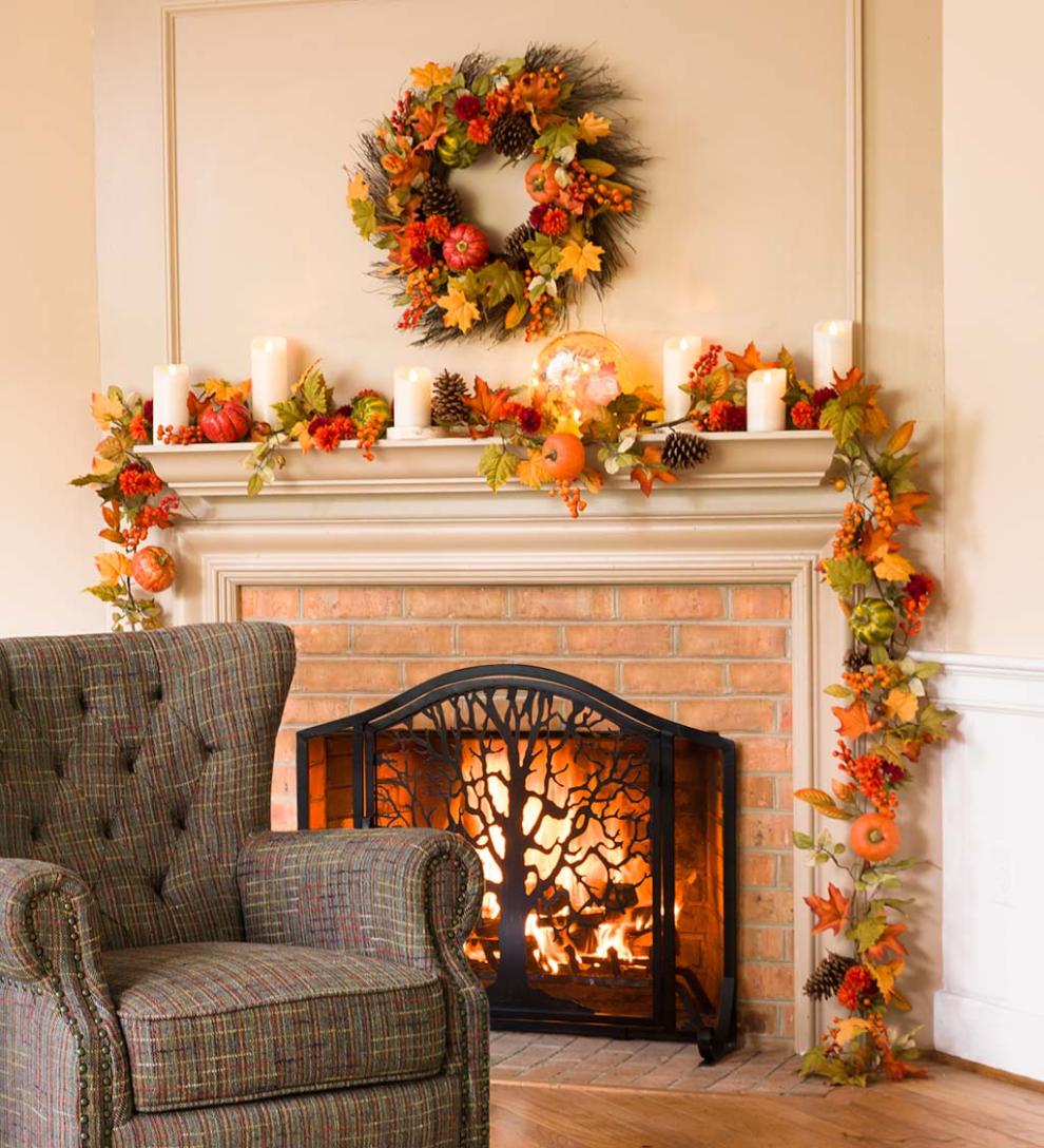 Plow & Hearth Fireplace & Mantel Décor Fireplace & Hearth Pumpkins And Pine Cones Fall Wreath