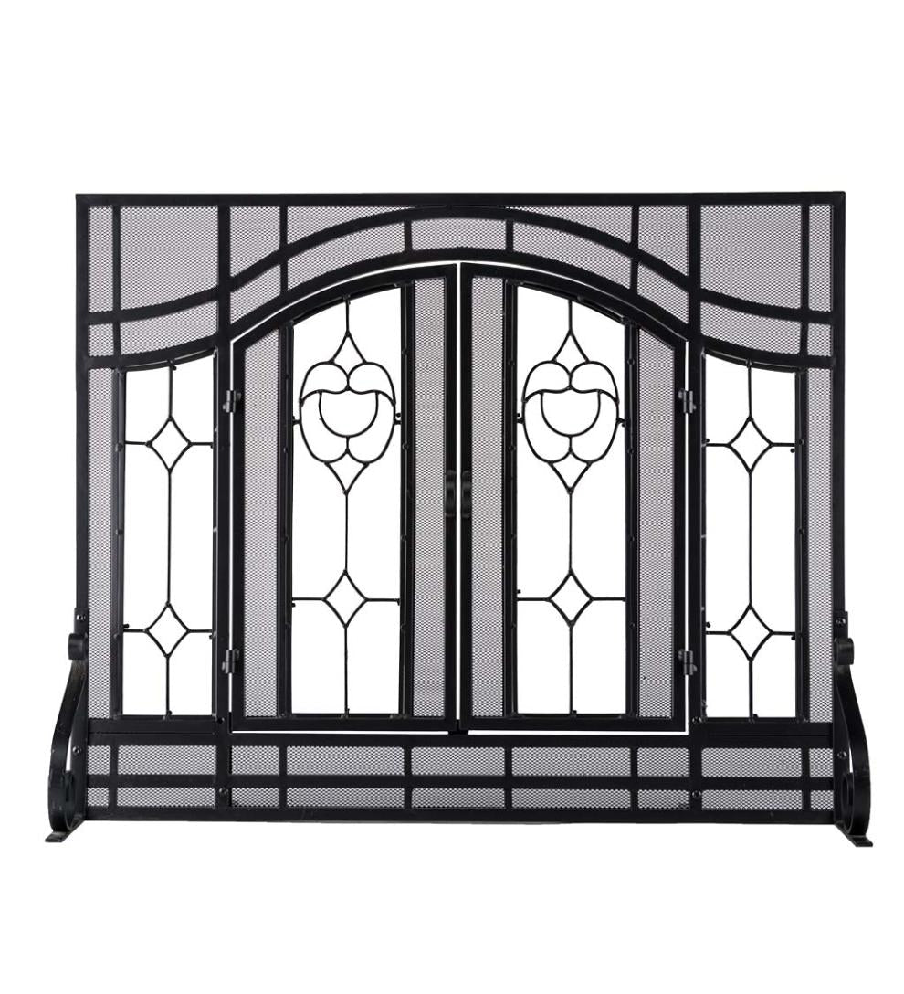 Plow & Hearth Fireplace Screens With Doors Fireplace & Hearth Small Two-Door Fireplace Screen With Glass Floral Panels - Black