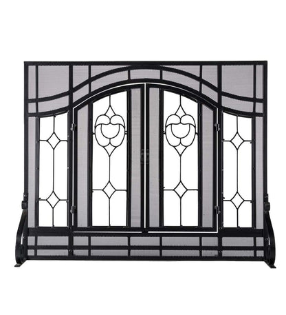 Plow & Hearth Fireplace Screens With Doors Fireplace & Hearth Small Two-Door Fireplace Screen With Glass Floral Panels - Black