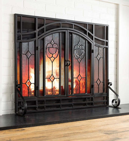 Plow & Hearth Fireplace Screens With Doors Fireplace & Hearth Two-Door Fireplace Screen With Glass Floral Panels