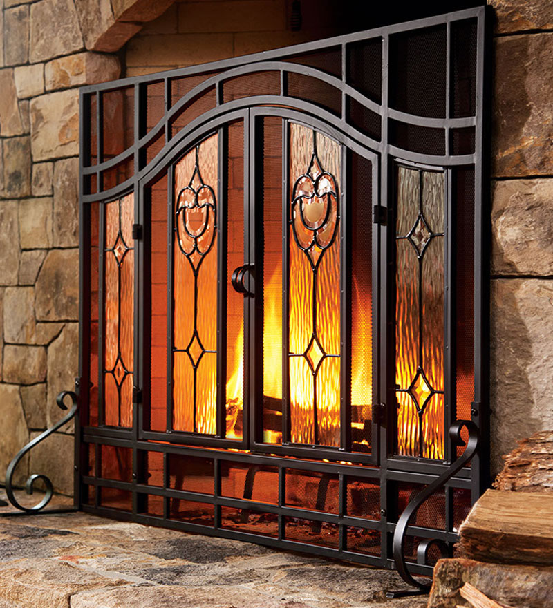 Plow & Hearth Fireplace Screens With Doors Fireplace & Hearth Two-Door Fireplace Screen With Glass Floral Panels