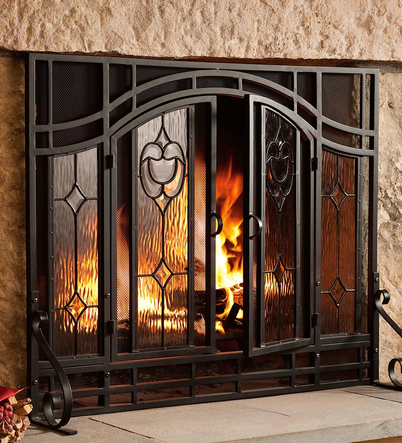 Plow & Hearth Fireplace Screens With Doors Fireplace & Hearth Two-Door Fireplace Screen With Glass Floral Panels