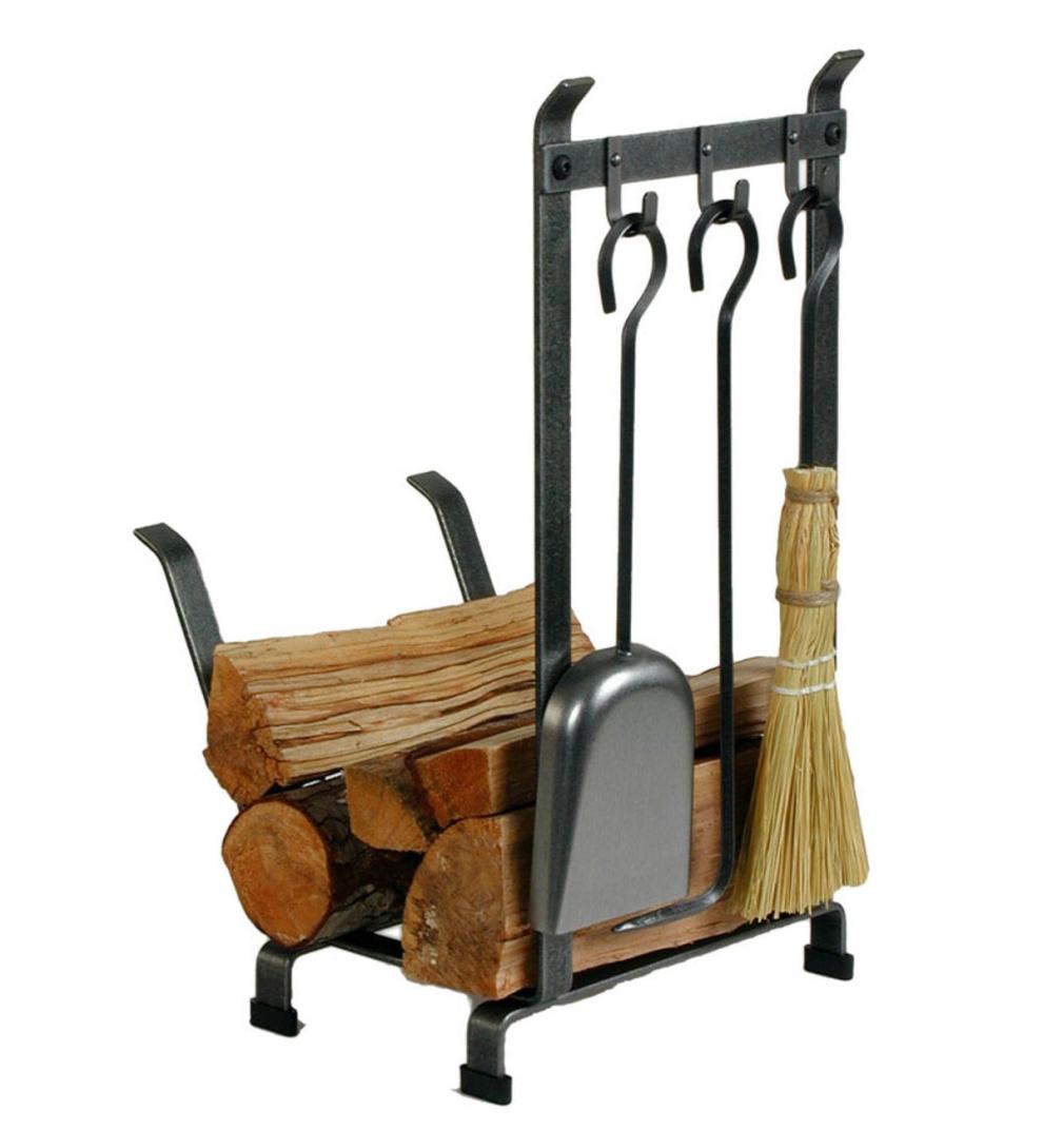 Plow & Hearth Fireplace Tool Sets Fireplace & Hearth American-Made Hammered Steel Country Home Log Rack With Set Of 3 Fireplace Tools