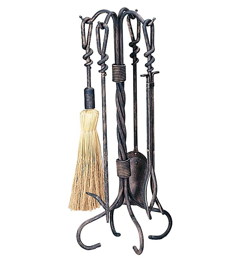 Plow & Hearth Fireplace Tool Sets Fireplace & Hearth Wrought Iron 5-Piece Fireplace Tool Set With Twist Handles In Antique Rust Finish - Rust