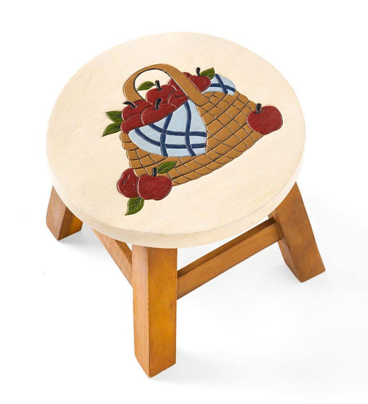 Plow & Hearth Footstools Indoor Living Hand-Carved Acacia Wood Apple Basket Footstool
