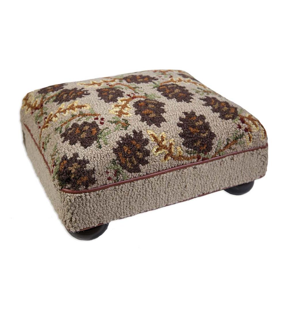 Plow & Hearth Footstools Indoor Living Pine Cone Hand-Hooked Wool And Leather Stool