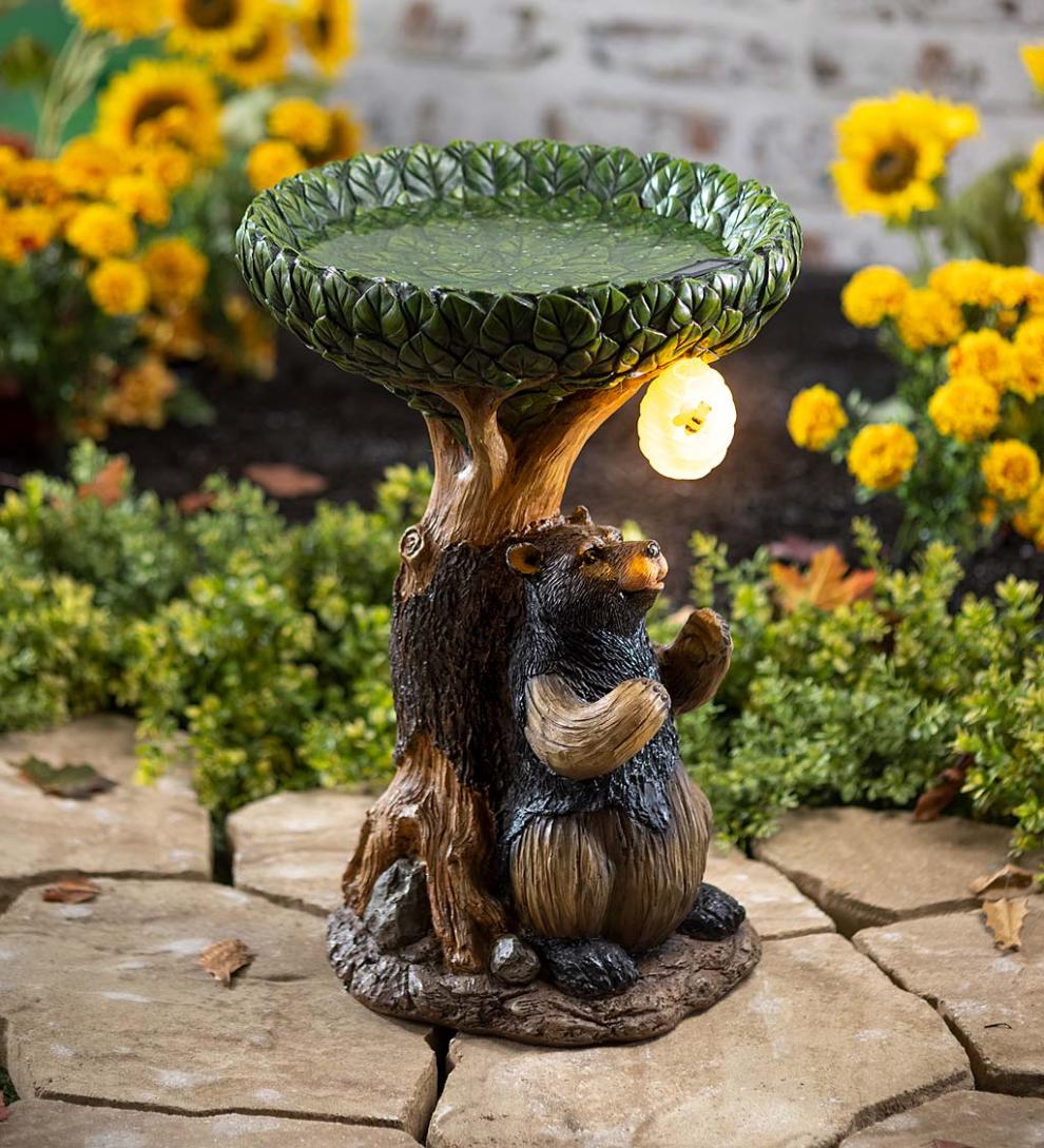 Plow & Hearth Garden Accents Yard & Garden Bear Tree Stump Birdbath With Solar Beehive