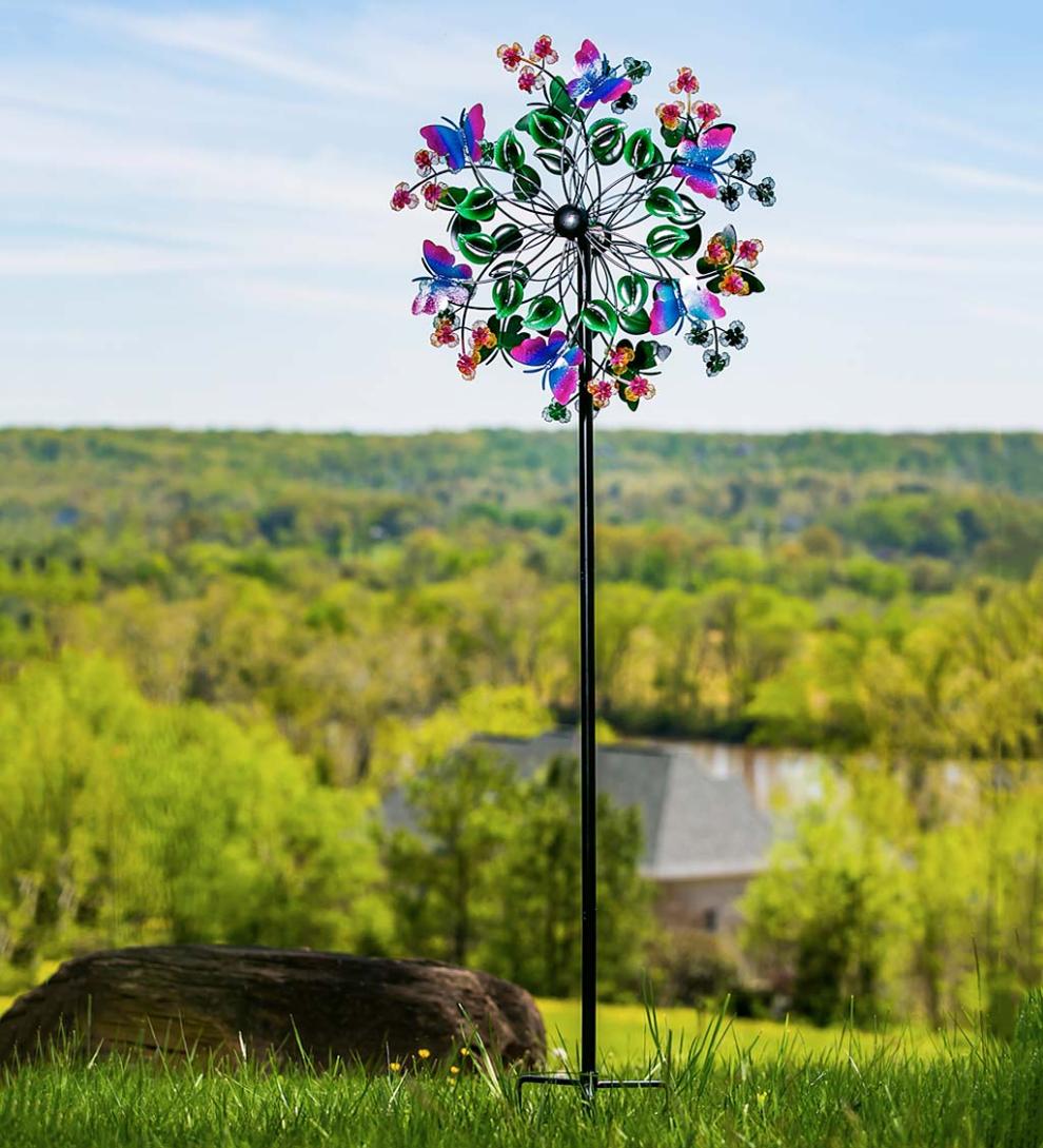 Plow & Hearth Garden Accents Yard & Garden Butterfly And Flowers Metal Wind Spinner