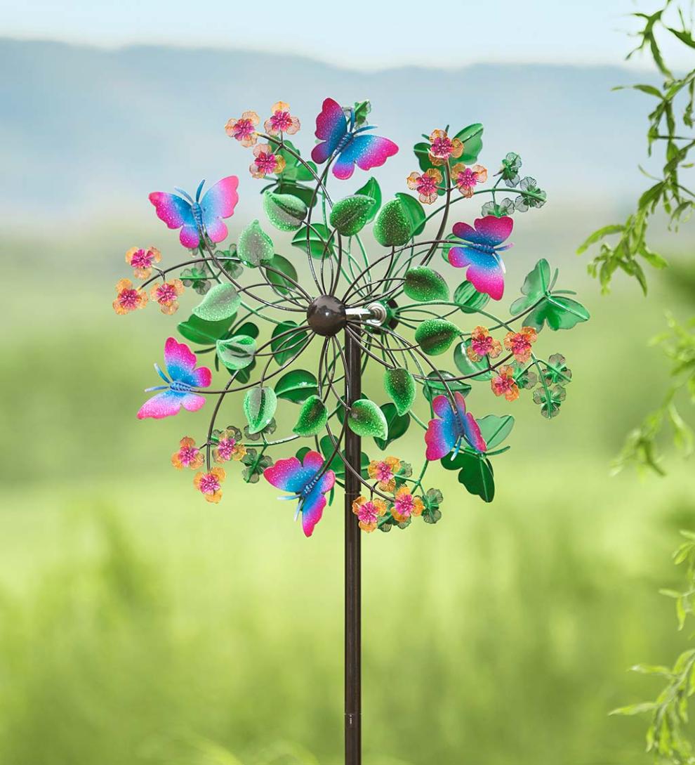 Plow & Hearth Garden Accents Yard & Garden Butterfly And Flowers Metal Wind Spinner