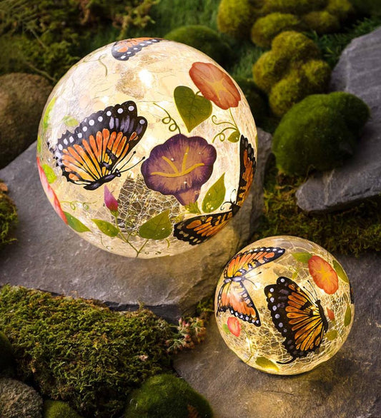 Plow & Hearth Garden Accents Yard & Garden Butterfly Crackle Glass Solar Globes, Set Of 2