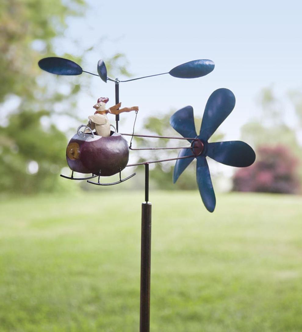 Plow & Hearth Garden Accents Yard & Garden Chicken And Helicopter Recycled Metal Whirligig