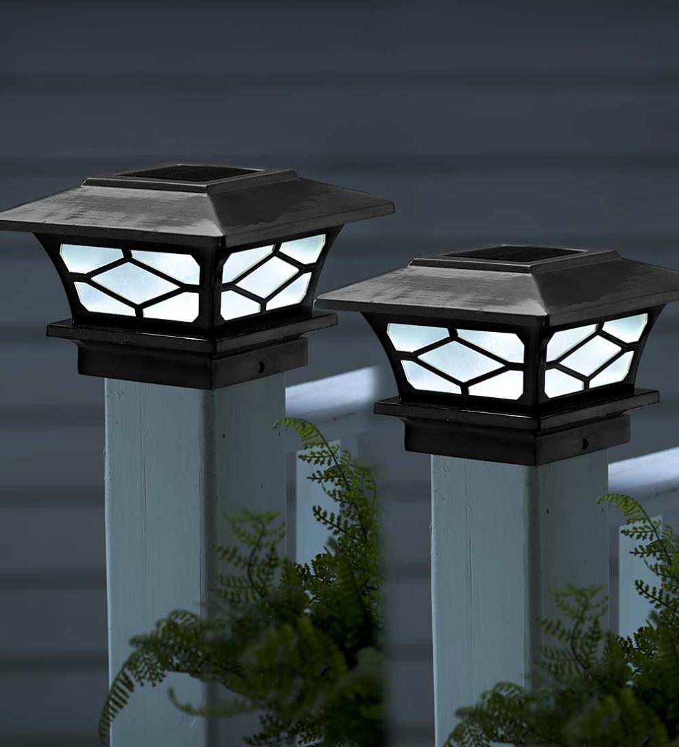 Plow & Hearth Garden Accents Yard & Garden Classic Mission Style Solar Light Post Caps, Set Of 2 - Black