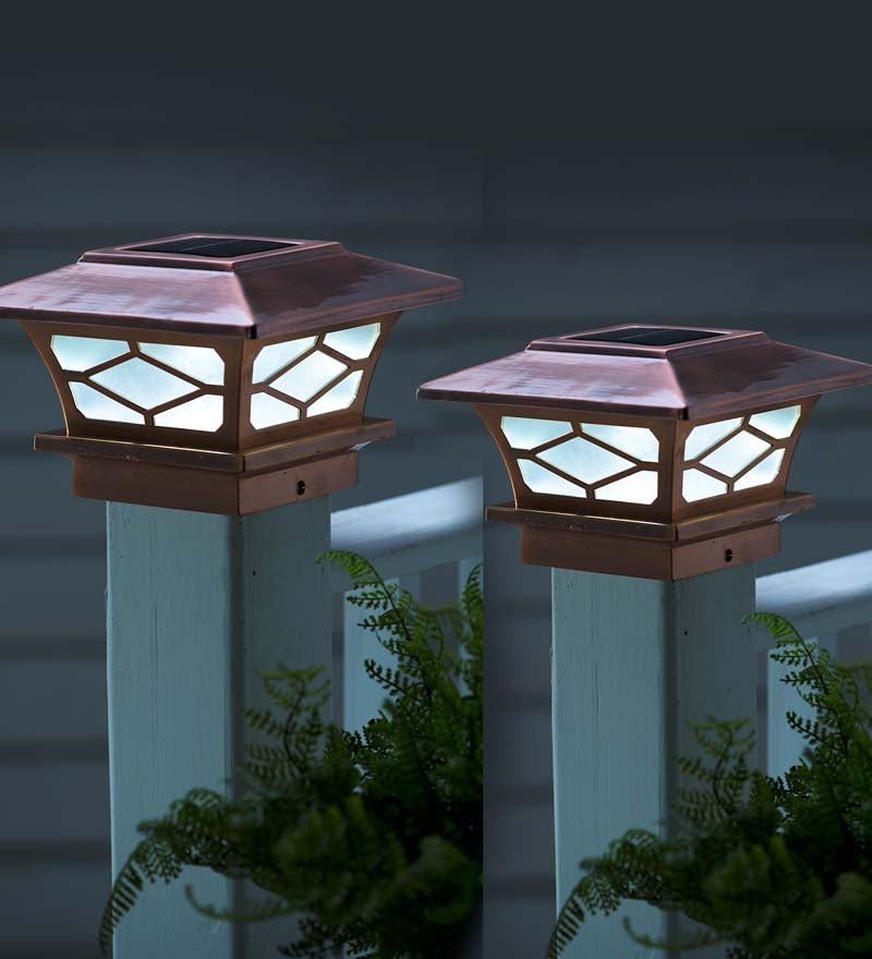 Plow & Hearth Garden Accents Yard & Garden Classic Mission Style Solar Light Post Caps, Set Of 2 - Black