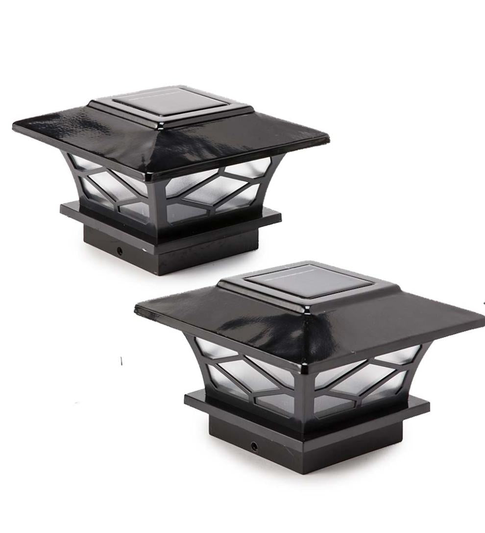 Plow & Hearth Garden Accents Yard & Garden Classic Mission Style Solar Light Post Caps, Set Of 2 - Black