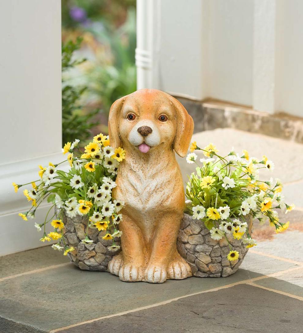 Plow & Hearth Garden Accents Yard & Garden Faux Stone Dog Statue Double Planter