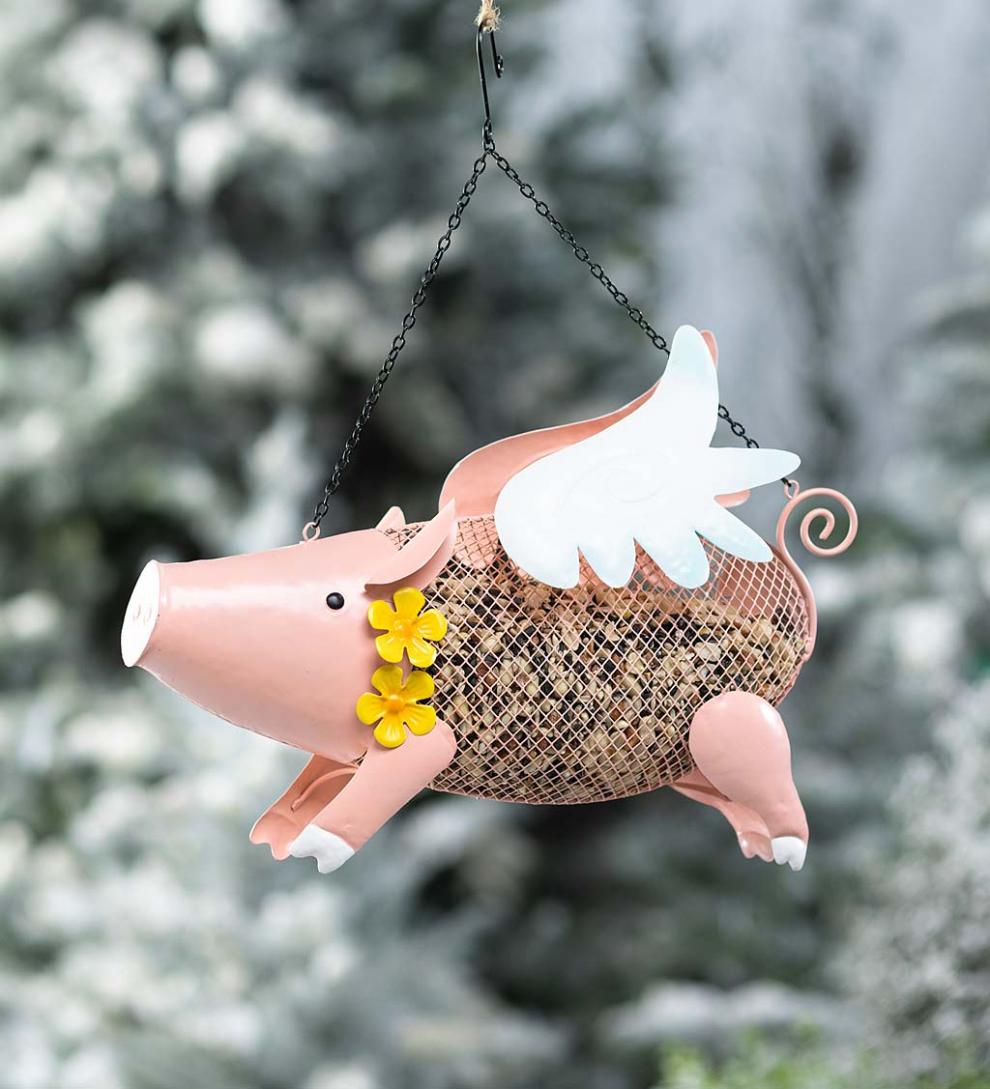 Plow & Hearth Garden Accents Yard & Garden Flying Pig Mesh Bird Feeder With Hanging Chain