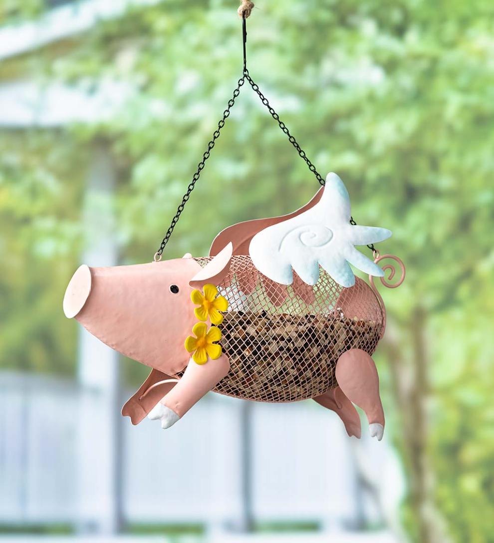 Plow & Hearth Garden Accents Yard & Garden Flying Pig Mesh Bird Feeder With Hanging Chain