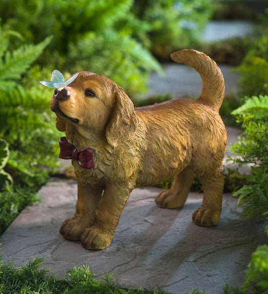 Plow & Hearth Garden Accents Yard & Garden Golden Retriever Puppy With Solar Butterfly Garden Statue