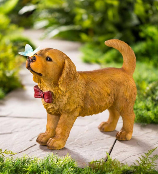Plow & Hearth Garden Accents Yard & Garden Golden Retriever Puppy With Solar Butterfly Garden Statue