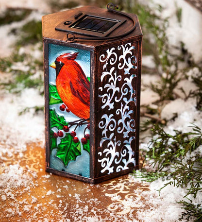 Plow & Hearth Garden Accents Yard & Garden Hand-Painted Holiday Cardinal Embossed Glass Solar Lantern