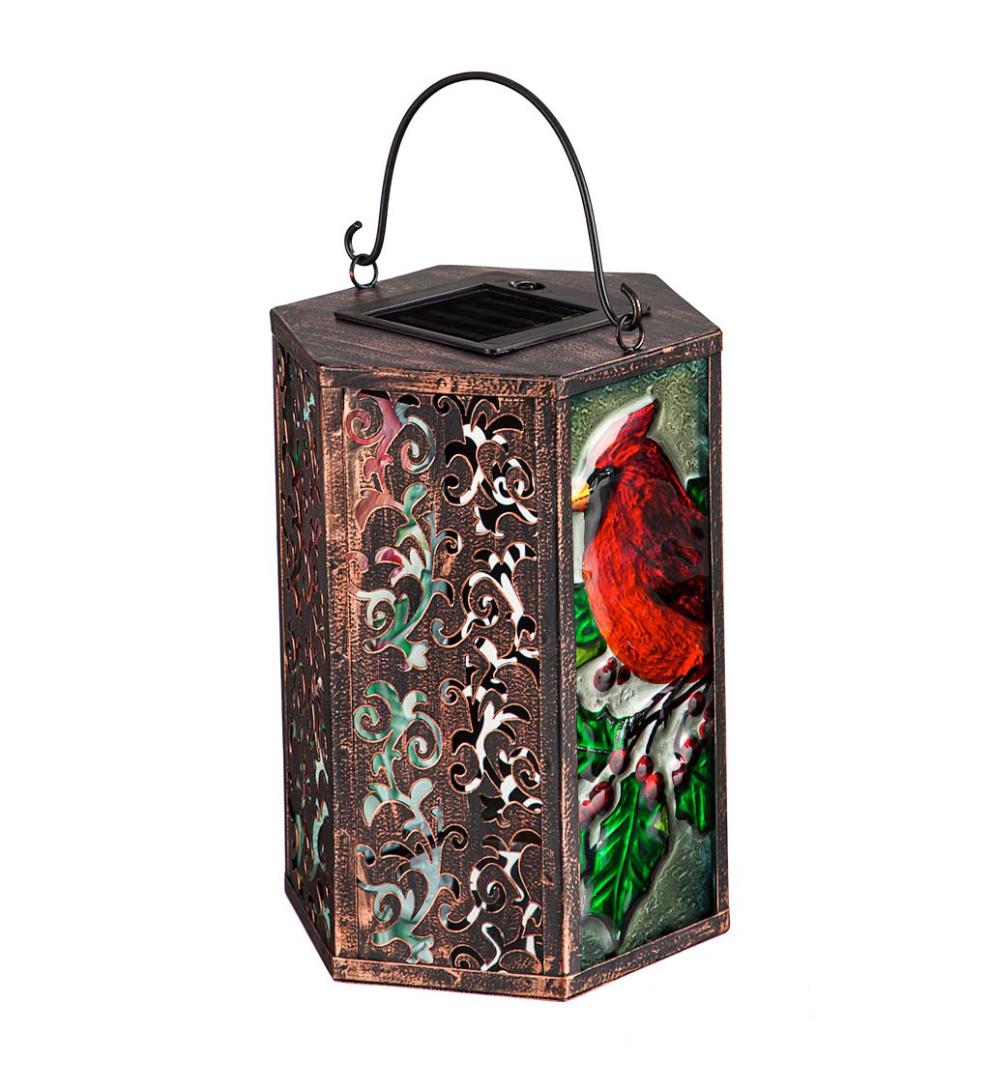 Plow & Hearth Garden Accents Yard & Garden Hand-Painted Holiday Cardinal Embossed Glass Solar Lantern