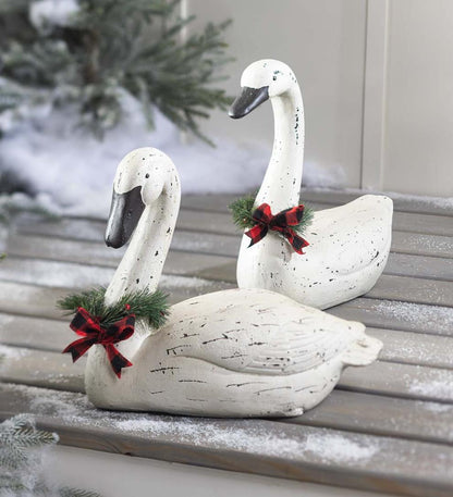 Plow & Hearth Garden Accents Yard & Garden Hand-Painted Holiday Swan Statue With Wreath
