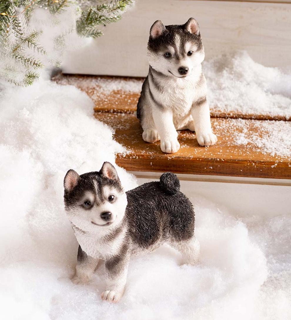 Plow & Hearth Garden Accents Yard & Garden Lifelike Indoor/Outdoor Siberian Husky Puppy Statues, Set Of 2