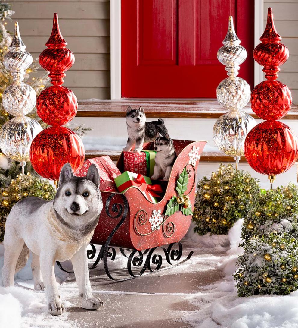 Plow & Hearth Garden Accents Yard & Garden Lifelike Indoor/Outdoor Siberian Husky Puppy Statues, Set Of 2