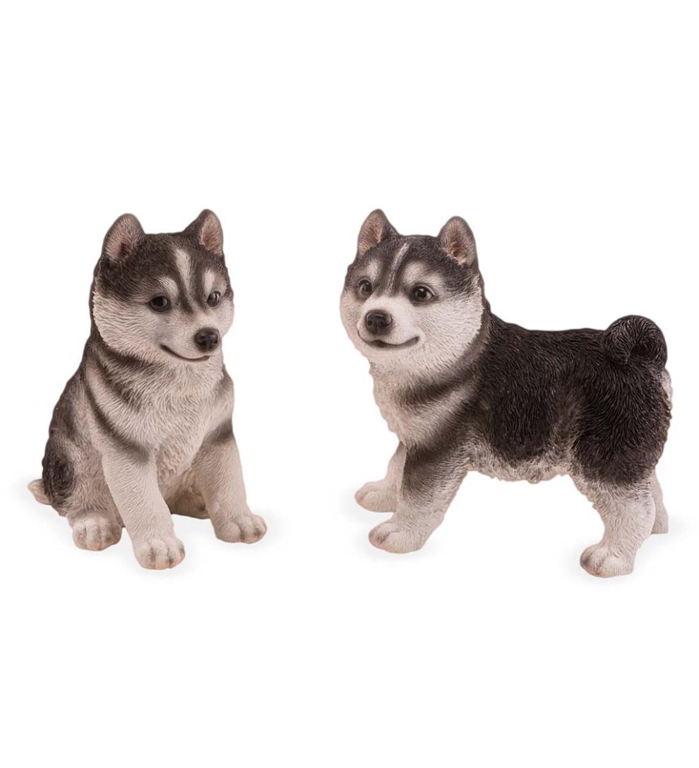 Plow & Hearth Garden Accents Yard & Garden Lifelike Indoor/Outdoor Siberian Husky Puppy Statues, Set Of 2