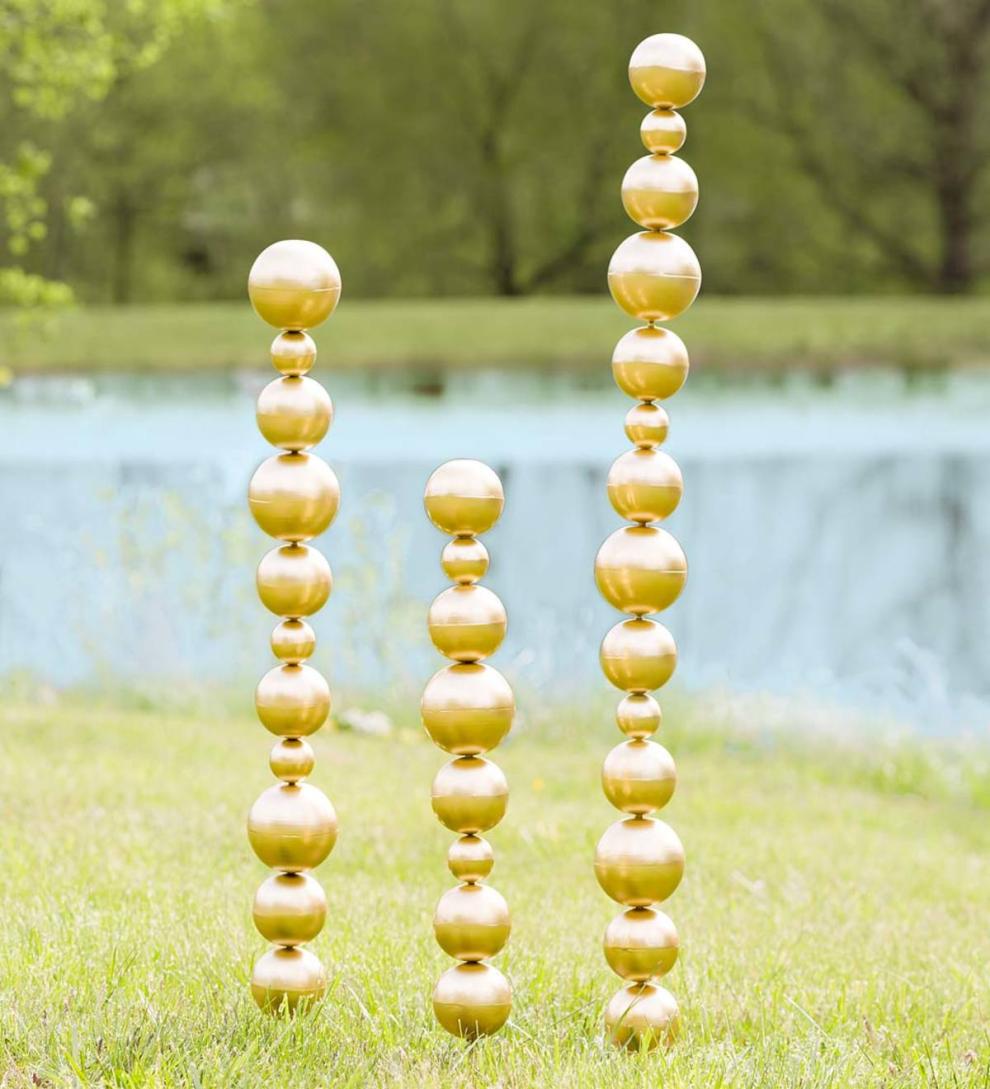 Plow & Hearth Garden Accents Yard & Garden Metal Tower Garden Stakes With Multiple Sized Spheres, Set Of 3 - Bronze
