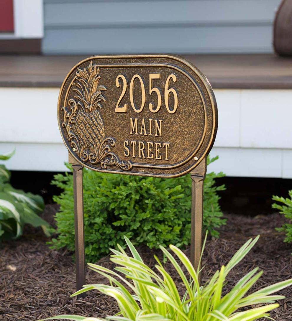 Plow & Hearth Garden Accents Yard & Garden Personalized Pineapple Address Plaque Lawn Stake - Antique Brass