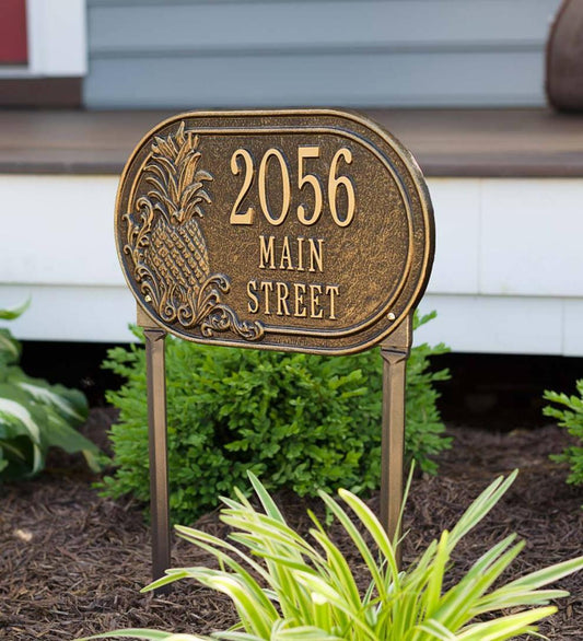 Plow & Hearth Garden Accents Yard & Garden Personalized Pineapple Address Plaque Lawn Stake - Antique Brass